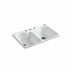 Deals 😀 Kohler Hartland? 33" X 22" X 9-5/8" Top-Mount Double-Equal Kitchen Sink With 4 Faucet Holes White 🎁