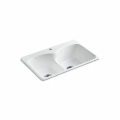 Top 10 👏 Kohler Langlade? 33"x22"x9-5/8" Top-Mount Smart Divide 2-Equal Kitchen Sink With 1-Faucet Hole White (K-6626-1-0) ✔️