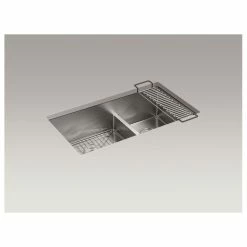 New 🌟 Kohler Strive 32" X 18-5/16" X 9-5/16" Smart Divide Undermount Double-Bowl Large/Medium Kitchen Sink With Rack 🎁