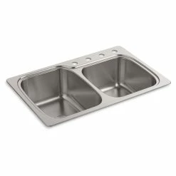 Buy 👏 Kohler Verse? 33" X 22" X 9-1/4" Top-Mount/Undermount Double-Bowl Large/Medium Kitchen Sink With 4 Faucet Holes (K-75791-4-NA) 🌟